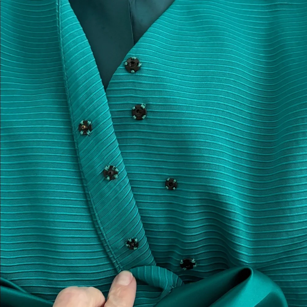 Arthur Doucette Teal Women's Silk Suit, Skirt with Decorative Bow Jacket. Size 6